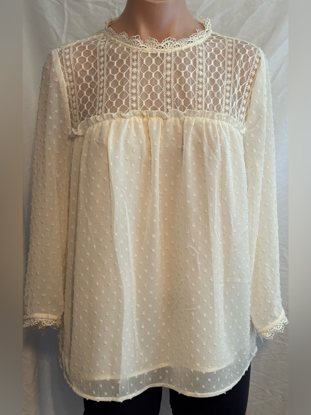Lace Yoke Swiss Dot Blouse - Cream Sheer Long Sleeve Blouse